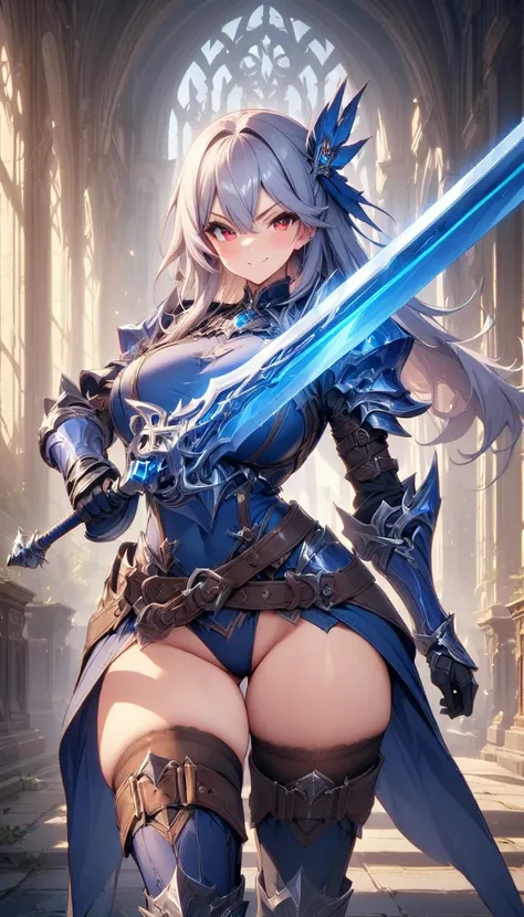 masterpiece,best quality, Swordmaster, long hair, gray hair, red eyes, perfect face, blue_armor, ((exposed arm)), blue_ornaments, blue_tabard, thong, belt, sword, ((big )), exposed belly, smiling, 1girl, legs exposed, strikes, Perfect face, thick thighs, ,...