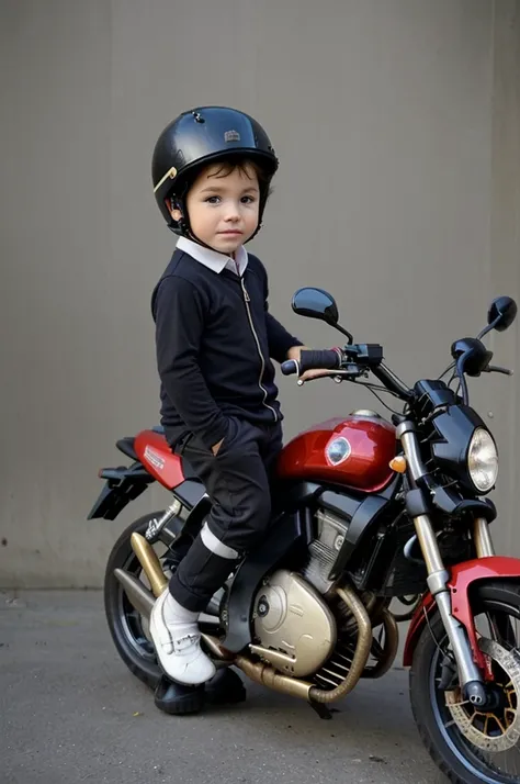 3 year old  well dressed, em cima de uma moto com um gato.