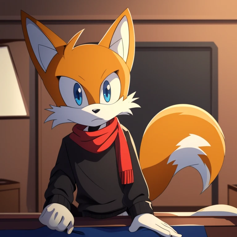 Male, Mobian, Fox, Miles Tails Prower the Fox, (sonic, series), older fox boy, ((solo)), ((blue eyes, (eyes open), serious, older, wearing a red anime styled scarf, wearing a black sweater, white gloves, (((2D Anime Style))), in tailor shop, any pose