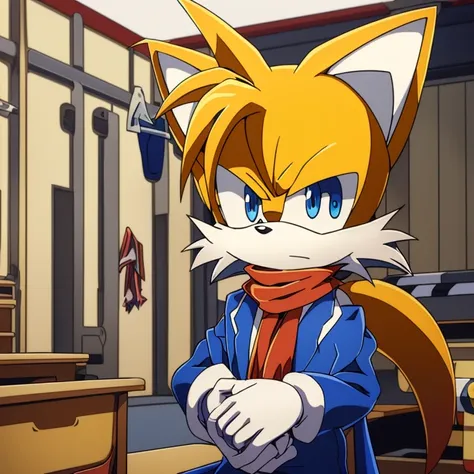 Male, Mobian, Fox, Miles Tails Prower the Fox, (sonic, series), older fox boy, ((solo)), ((blue eyes, (eyes open), serious, older, wearing a red anime styled scarf, white gloves, (((2D Anime Style))), in tailor shop, any pose