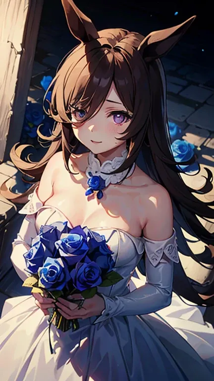 (masutepiece.top-quality).(Dynamic Angle).1 girl in.Girl in white wedding dress、A dark-haired.long.Horse-eared girl.Beautiful purple eyes.One eye is hidden in the hair.smil.(Holding a bouquet of blue roses:1.3).(Blue petals flutter:0.8)、((Girl in white pro...