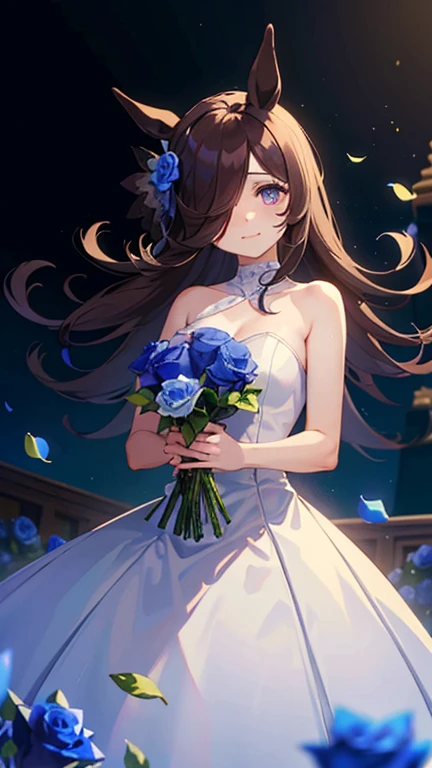 (masutepiece.top-quality).(Dynamic Angle).1 girl in.Girl in white wedding dress、A dark-haired.long.Horse-eared girl.Beautiful purple eyes.One eye is hidden in the hair.smil.(Holding a bouquet of blue roses:1.3).(Blue petals flutter:0.8)、((Girl in white pro...