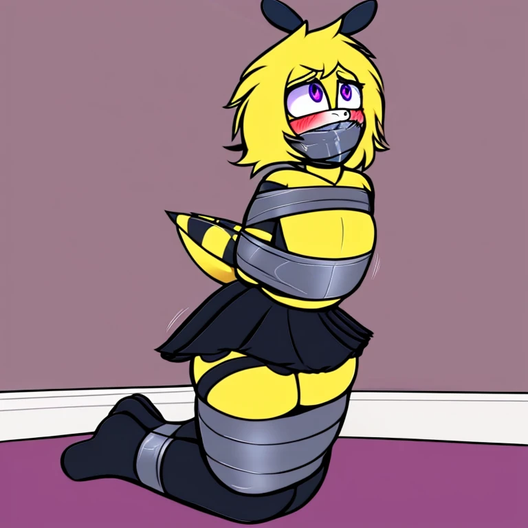 anthropomorphic bee, anthro bee, bee, insect, bug, yellow hair, black antenna, purple eyes, yellow scales, black stripes, black bra, black skirt, tape gag, taped, taped wrists, taped hands, taped ankles, taped waist, taped thighs, bound and gagged, high qu...