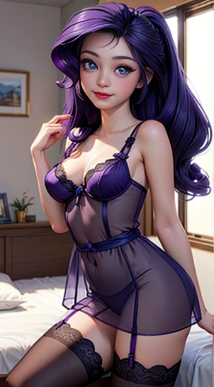 ((best quality)), ((highly detailed)), masterpiece, (detailed eyes, deep eyes), (1girl), dynamic angle, cowboy shot, mlprarity, woman, smile, looking at viewer, ((purple hair)), high pony tail, ((blue eyes)), naked, indoors, lying on a bed, ((transparent s...