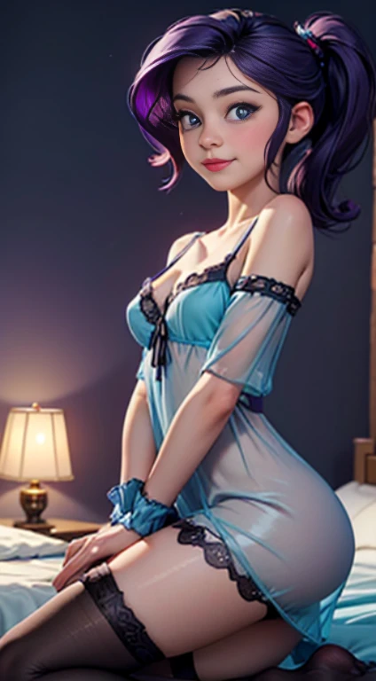 ((best quality)), ((highly detailed)), masterpiece, (detailed eyes, deep eyes), (1girl), dynamic angle, cowboy shot, mlprarity, woman, smile, looking at viewer, ((purple hair)), high pony tail, ((blue eyes)), naked, indoors, lying on a bed, ((transparent s...