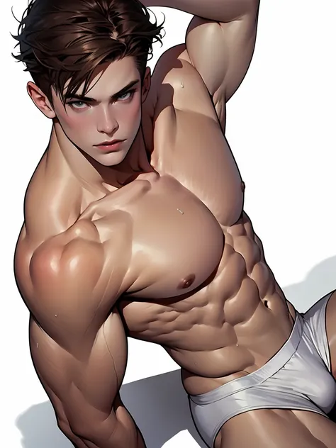 full length, 1 college student, perfect body,male body,strong muscles,Abdomen muscles are wavy..,abdomen, naked, nude, strong legs,spread your arms, looking at camera, anime style, Keep a flat head, brown hair, stand, Very detailed, 2d illustration, Done i...