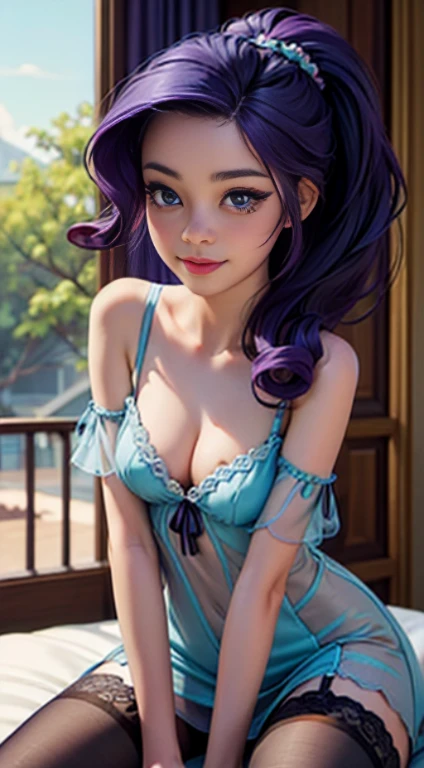 ((best quality)), ((highly detailed)), masterpiece, (detailed eyes, deep eyes), (1girl), dynamic angle, cowboy shot, mlprarity, woman, smile, looking at viewer, ((purple hair)), high pony tail, ((blue eyes)), naked, indoors, lying on a bed, ((transparent s...