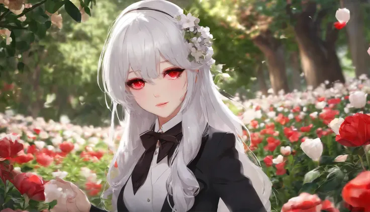 Anime girl, red eye, cute, cool suit, white hair, in park, give flowers