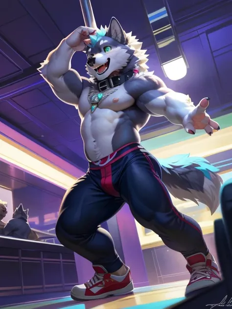 alone, anthro, furry, furry male, Wolf,((fluffy fur,fluffy, furry body)), (Wolf print), black pupil, gray body, gray fur, glowing green eyes, shining eyes, tail, detailed fluffy fur, detailed face, detailed eyes, bare chest, (Shiny laces, Inflatable Shiny ...