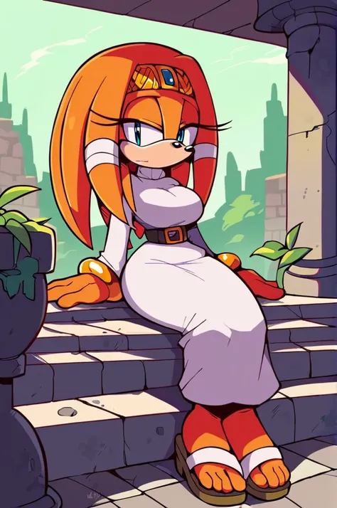 score_9,  score_8_up, 2d, flat color, 1girl, solo, outdoors, tikal the echidna from the sonic the hedgehog series, wide hips, na...