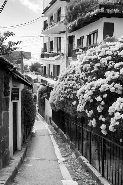 imagen en blanco y negro donde hay un carro viejo de fondo junto con unas rejas que ostentan unos ramajes de flores