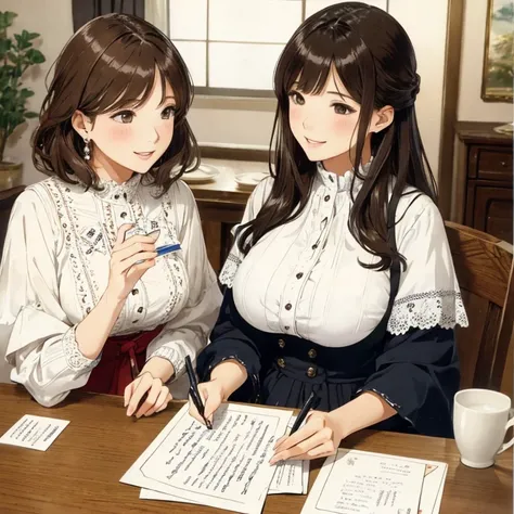 Two women on a postcard, (stylish clothes), mature woman, /(brown hair/) bangs, A gentle smile with a blush, (Masterpiece of the highest quality:1.2) Delicate illustrations super detailed, Big breasts BREAK (table with postcards:1.2 ) close, The edge of th...