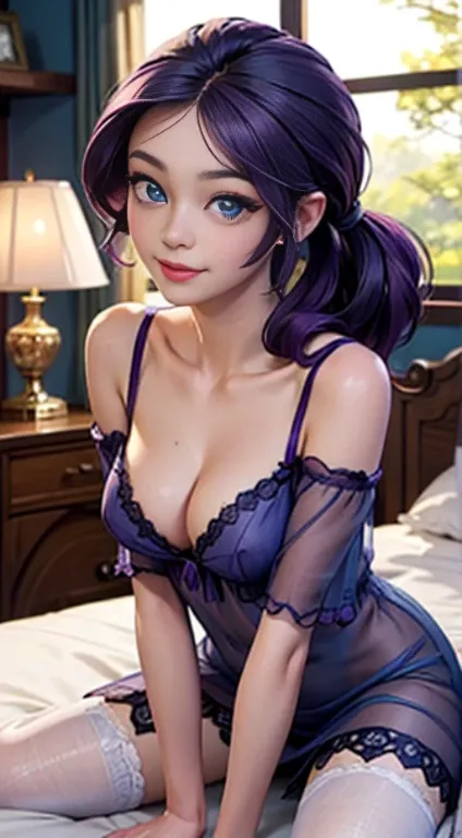 ((best quality)), ((highly detailed)), masterpiece, (detailed eyes, deep eyes), (1girl), dynamic angle, cowboy shot, mlprarity, woman, smile, looking at viewer, ((purple hair)), high pony tail, ((blue eyes)), naked, indoors, lying on a bed, ((transparent s...