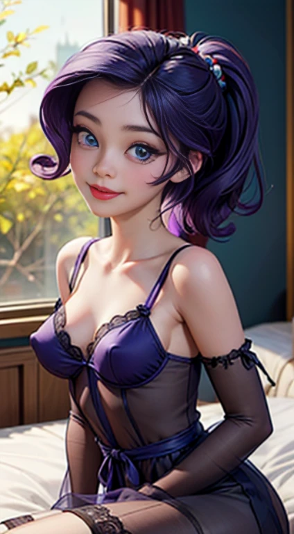 ((best quality)), ((highly detailed)), masterpiece, (detailed eyes, deep eyes), (1girl), dynamic angle, cowboy shot, mlprarity, woman, smile, looking at viewer, ((purple hair)), high pony tail, ((blue eyes)), naked, indoors, lying on a bed, ((transparent s...