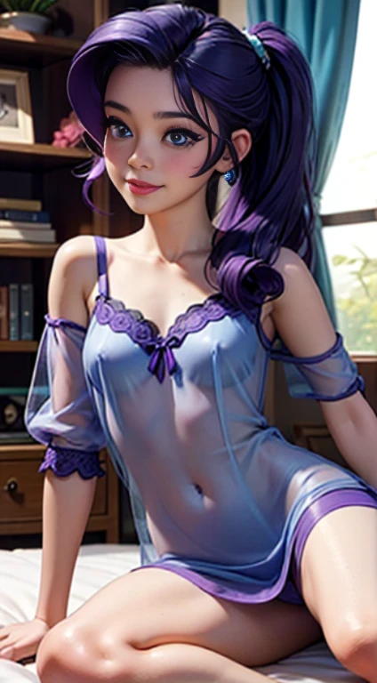 ((best quality)), ((highly detailed)), masterpiece, (detailed eyes, deep eyes), (1girl), dynamic angle, cowboy shot, mlprarity, woman, smile, looking at viewer, ((purple hair)), high pony tail, ((blue eyes)), naked, indoors, lying on a bed, ((transparent s...