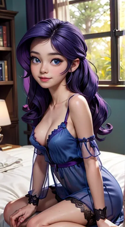 ((best quality)), ((highly detailed)), masterpiece, (detailed eyes, deep eyes), (1girl), dynamic angle, cowboy shot, mlprarity, woman, smile, looking at viewer, ((purple hair)), high pony tail, ((blue eyes)), naked, indoors, lying on a bed, ((transparent s...