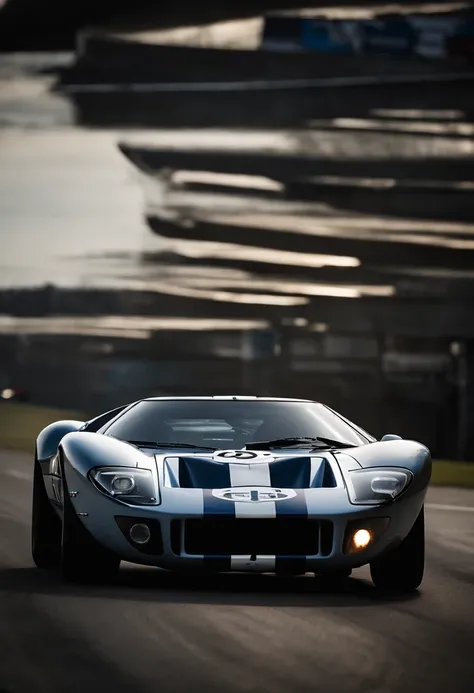 Preciso de um carro da Ford parecido com o Ford GT40, with its own team for Le Mans. Em um estilo hiperrealista, foto realista, cinematographic, UHD, nas cores vermelho e branco.