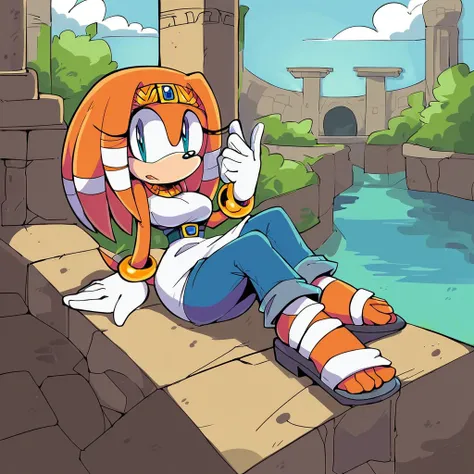 score_9, score_8_up, 2d, flat color, 1girl, solo, outdoors, tikal the echidna from the sonic the hedgehog series, wide hips, nar...