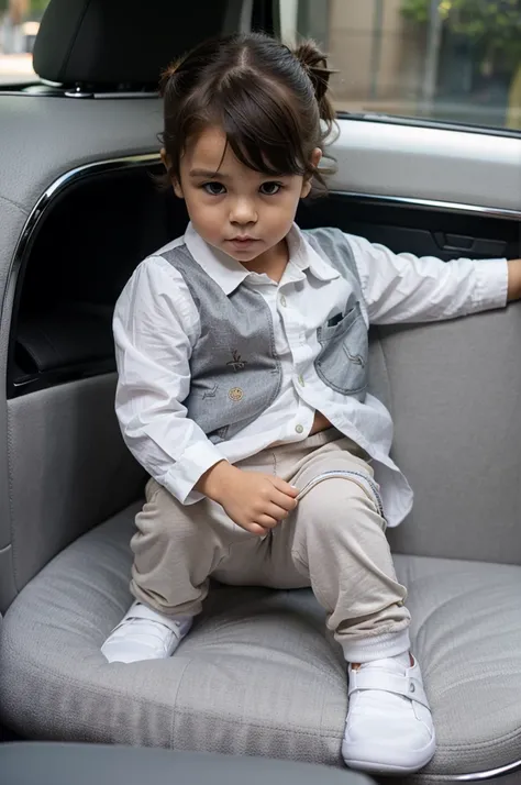 3 year old  well dressed, com um gato branco dentro do carro. Foto realista, de alta qualidade 4k.