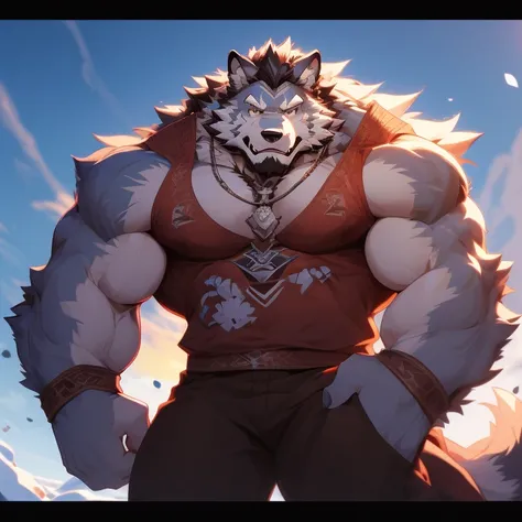 anime - imagen de estilo de un hombre en una escena invernal con un lobo, un lobo antro, buen chico gigante mecha lobo sabueso, gran lobo, heavy winter aesthetic, lobo peludo, hombre lobo musculoso, arte conceptual de invierno, arte pov de pata antro, lobo...