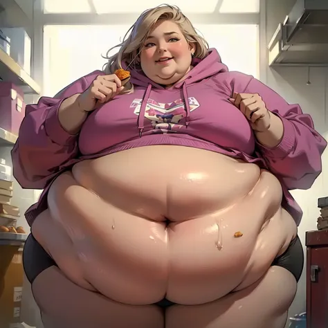 (masterpiece, best quality, high resolution, detailed, realistic:1.2), young american woman, USSBBW, (morbidly obese), fatblob, immobile, detailed face, beautiful face, high aesthetic, junk food, panties, hoodie, restauraunt, pleased expression