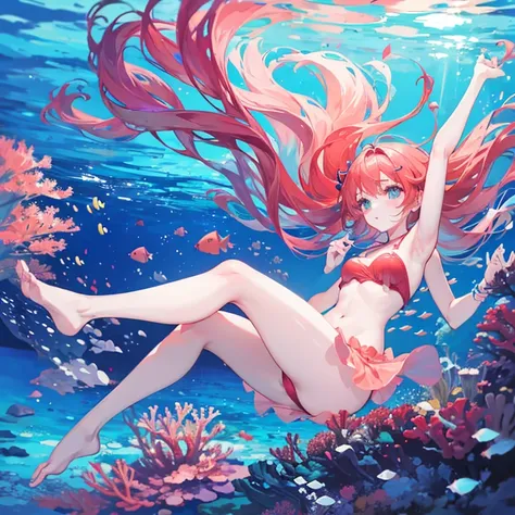 Girl beautifully swimming through a breathtaking coral reef in the ocean.