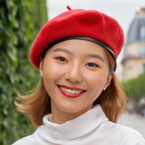 Realistic photograph of sjang posing smiling, white long-sleeved tshirt, red beret, light brown hair, clear facial features, Parisian background, cinematic mode, 8K