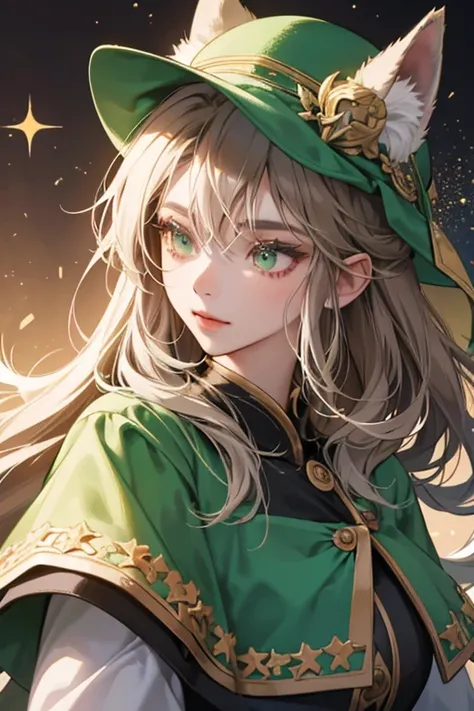 She looks very similar to Party God; she is also a wolfs head. However, she has hair over her eyes, her green hat is facing forward (instead of backward), her eyes are less circular, and she has lighter brown fur. SPARKLE; GLITTER