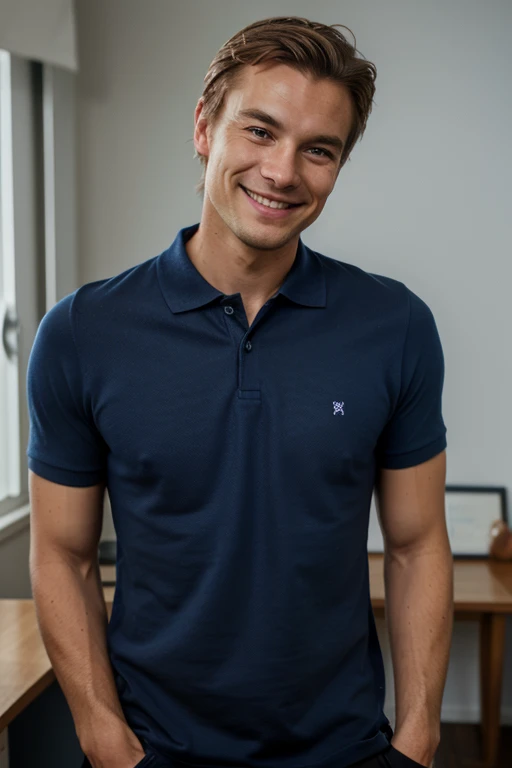 Medium-shot photography of Scandinavian #Male smiling at the camera, wearing a blue navy polo t-shirt 