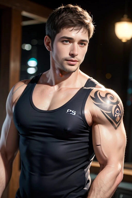 ((Men only)), (head Shot), (Handsome muscular man in tank top of a man with red and blue and yellow tattoos all over his body), Chris Redfield, Mischievous smile, (detaile: 1 in 1), Natural muscles, HIG quality, beautidful eyes, (Detailed face and eyes), (...