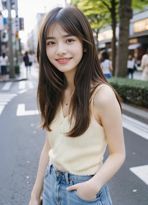 17 year old beautiful girl、Highest image quality、realistic、16K、beautiful woman、long hair、slim、With bangs、Spring Casual Fashion、In the streets of Tokyo、Standing、smile、whole body、panoramic、