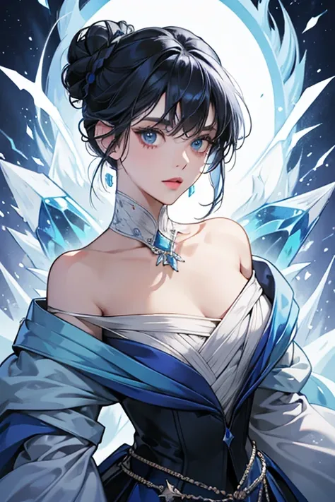 Her hair is a dark navy, thats pulled back into a double bun. She has light blue lips. Her skin tone is the same grayish-blue as the Ice Kings. She now wears a multi-layered off-the-shoulder gown whose straps display a blue, flame-like animation. The rest ...