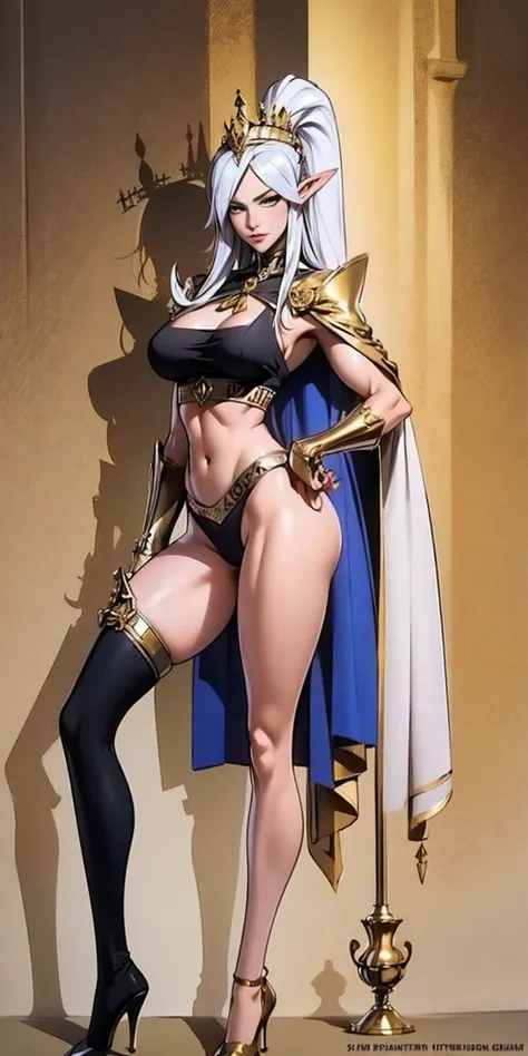 extremely long hair , ponytail, perfect anatomy 1 girl tall solo, slim thick, ((muscular)) high elf toned body, silver breast plate, blue cape, slendered abs, hourglass waist, detailed face, defined cheekbones, puffy lips, gauntlets, gold crown, shadow ove...