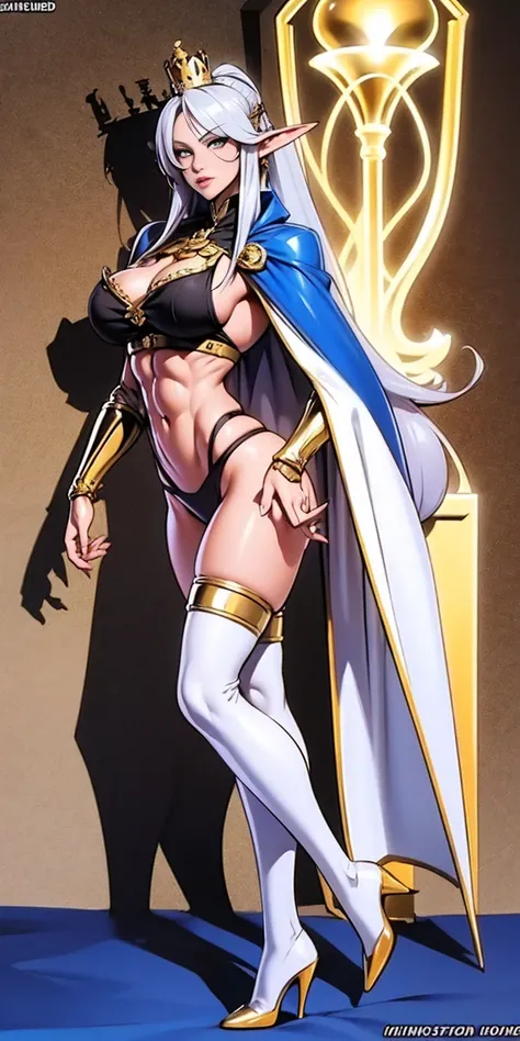 extremely long hair , ponytail, perfect anatomy 1 girl tall solo, slim thick, ((muscular)) high elf toned body, silver breast plate, blue cape, slendered abs, hourglass waist, detailed face, defined cheekbones, puffy lips, gauntlets, gold crown, shadow ove...