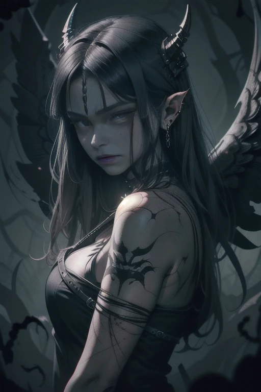 overgrown hell life, hollow angel zelda, grey skin, black veins, black blood, (hole in her chest),