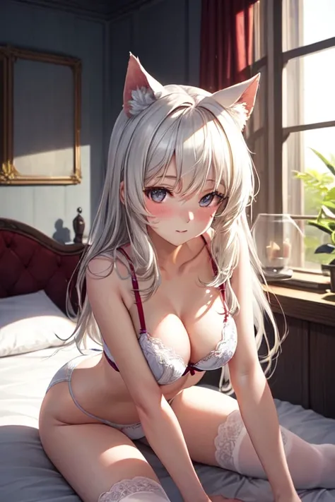 The girl is lying down on the bed her long white hair flowing over her shoulders as she looks up at the camera with a slight blush on her face. Her cat ears have been hidden in her hair but are visible when she moves her head. She is wearing a tight white ...