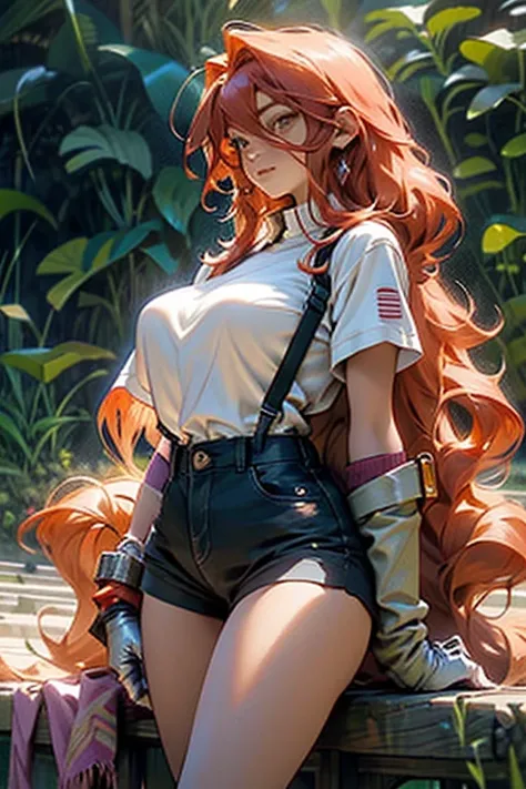 bronzed skin, Suspenders, shorts, long red hair, yellow eyes, 1 girl, Big breasts beautiful breasts、huge breasts:1.4，plump breasts, big butt, Long hair between eyes, looking at the audience, alone, whole body, permanent, boots