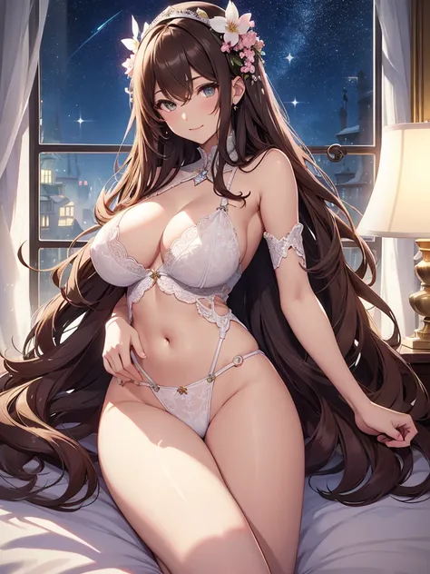 Highest image quality、Beautiful woman sleeping in bed(lieing on bed)　Femme fatale、Fujiko Mine、elegant、low angle、Beautiful eyes、Gentle atmosphere、beautiful underwear、front、low angle、a lot of cherry blossom、brown hair、sexy、Sweat、Arms up and behind、friendly s...