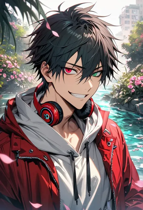 absurdres, highres, ultra detailed, HDR, master piece, best quality, Yamada Ichiro, chin length black hair, Hypnosis Mic, heterochromia, left eye is red, right eye is green, a white hoodie with two zippers, red varsity jacket, red headphones around his nec...