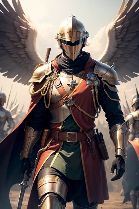 Male angel with divine aura wearing military boss clothes (((with insignias))) and medieval knight full face mask (((face hidden behind the helmet))), holding a weapon, eagle wings (((2 wings))), battlefield and squad scenario, dinamic pose