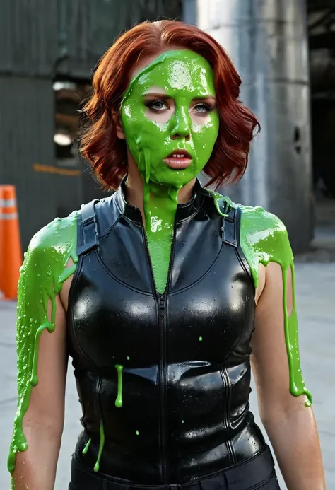 make black widow with black tank top was stuck in a pipe full of slime all of his face was covered with slime he was also get a pie in his face