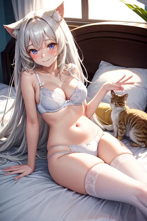 The girl is lying down on the bed her long white hair flowing over her shoulders as she looks up at the camera with a slight blush on her face. Her cat ears have been hidden in her hair but are visible when she moves her head. She is wearing a tight white ...