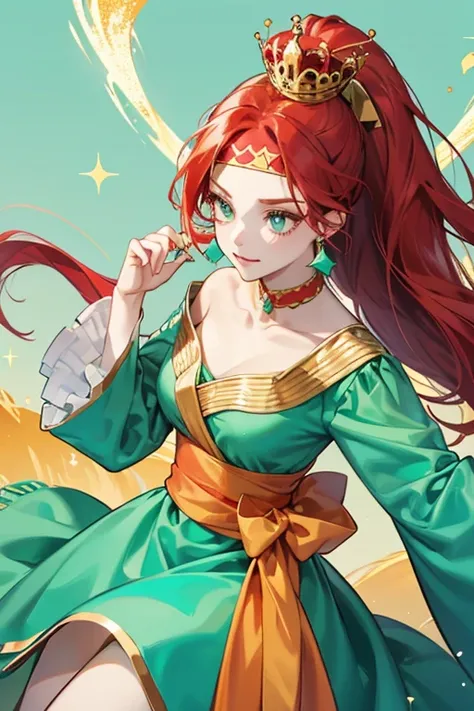 She has pale red hair in a ponytail by a headband with a gold crown with a turquoise-green gem, she usually wears a pale-red dress with dark red collar and sash along with dark red pumps. SPARKLE; GLITTER