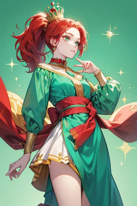 She has pale red hair in a ponytail by a headband with a gold crown with a turquoise-green gem, she usually wears a pale-red dress with dark red collar and sash along with dark red pumps. SPARKLE; GLITTER