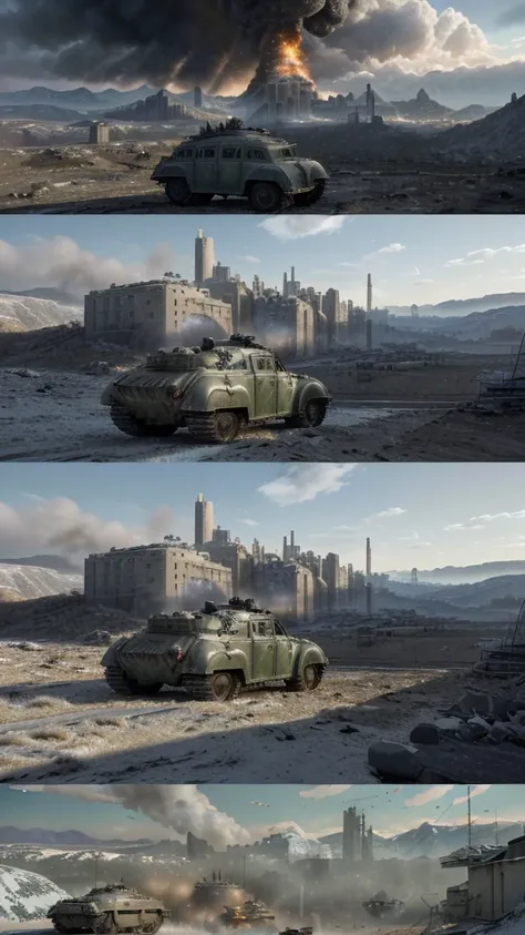 ((ultra high detailed_realistic perfect piece)),((absolute masterpiece)),((extremely detailed CG 8k)),(very fine 32K CGI VECTOR UNITY, 600mm film),((best quality)),((highly detailed)),((absurdres)),dieselpunk,snow,fields,tracked vehicles,pine forest,halftr...