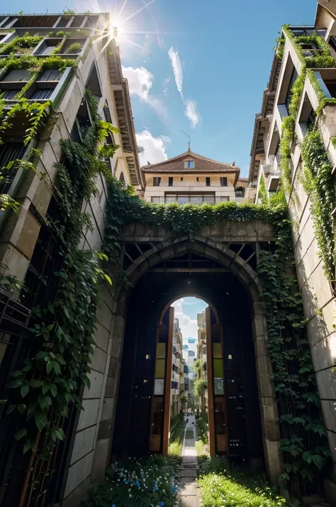  Imagine a city where lush greenery and vibrant flowers thrive in harmony with structures that seem to defy the laws of physics... Los edificios se elevan hacia el cielo., Its glass facades reflect the sun&#39;s rays in a dazzling display.  Se muestra una ...