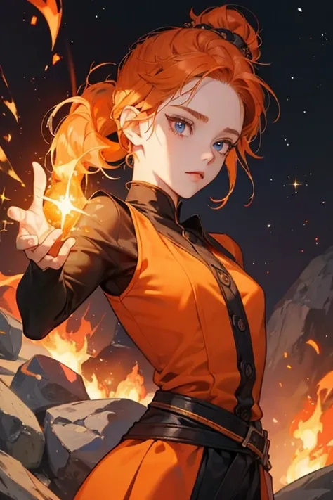 Ursula is a small Flame Person who is made of rock, like most Flame People. She has flat orange hair that she wears in a short ponytail. Her eyes are orange and thin, like Flame Kings. SPARKLE; GLITTER