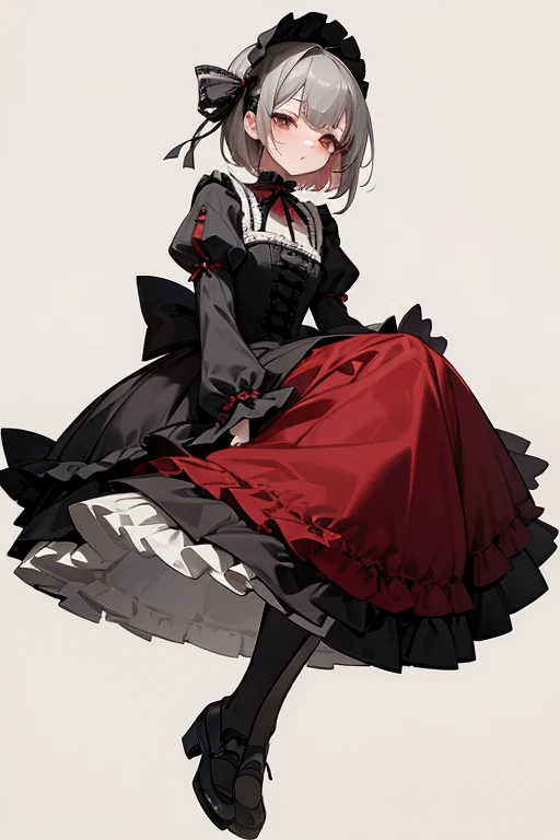 short gray hair, blush, Gothic Lolita、punk fashion、Headbang 2.、Red clothes、Elegant Lolita、Victorian Maiden、