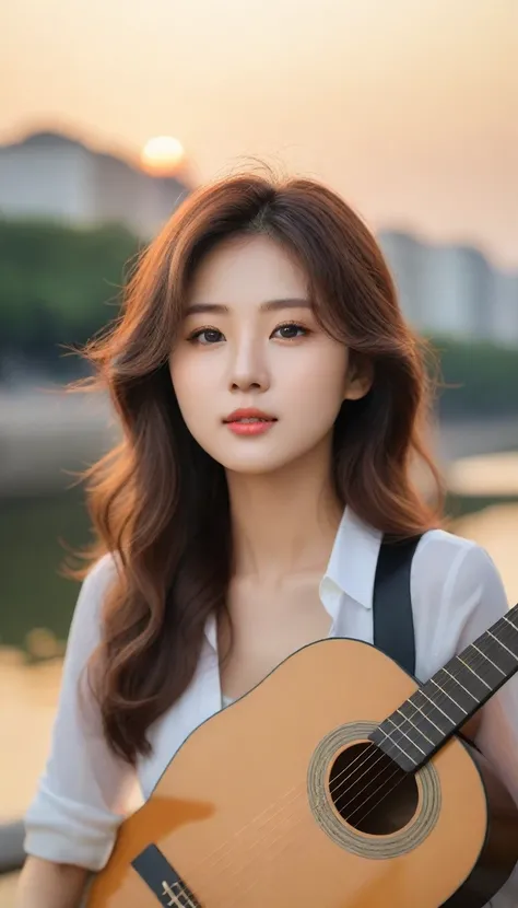 Close-up of beautiful korean woman, 34 inches chest size, brown wavy hair, Vest,  Play guitar by the river, sunset light, ultra high definition