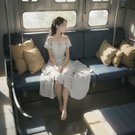 A beautiful girl of 16 years old with a perfect, very beautiful gentle face rides in an empty train carriage barefoot in a light summer dress, in profile, SIDE VIEW, summer day, sunlight fills the carriage